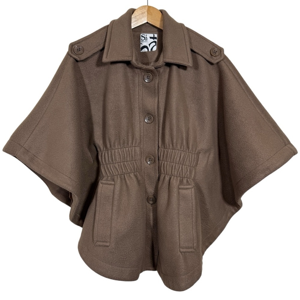 Staccato Women Lined Short Tan Brown Button Cape Pointed Collar Coat Jacket - Picture 1 of 7